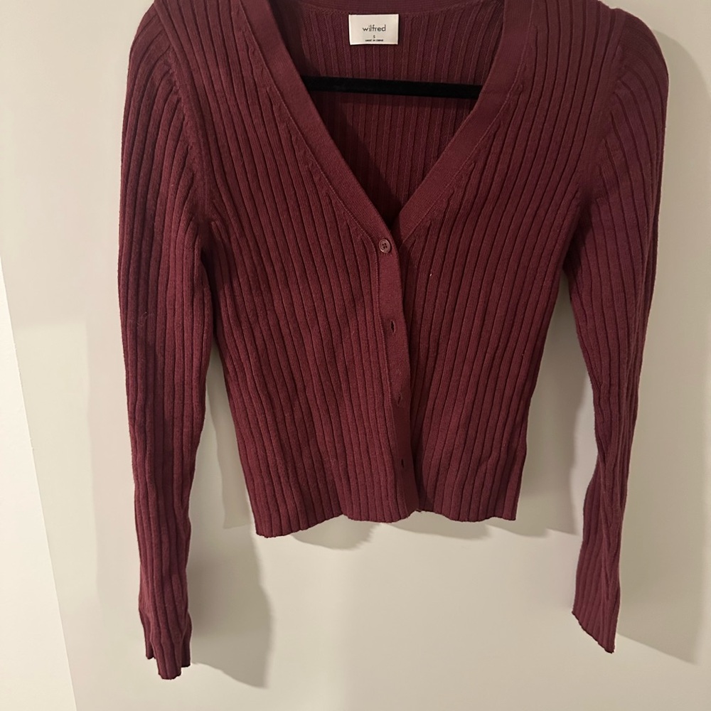 Aritzia Wilfred Deep Burgundy Ribbed Cardigan